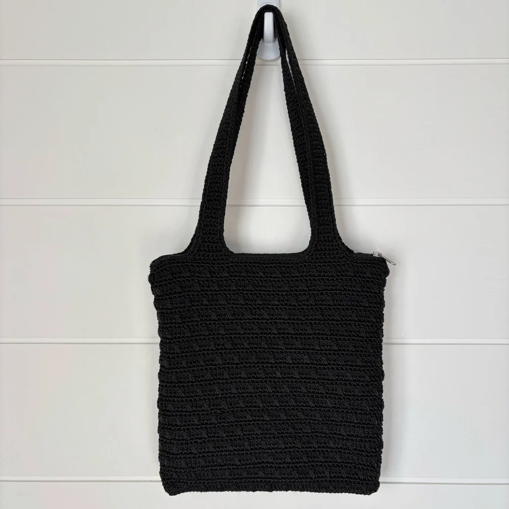 The Sak Black Crochet Knit Handbag Satchel Tote Bag